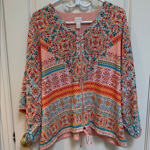 Chico's sz 3 (XL) Orange aqua boho fringe sleeve zip cardigan jkt drawstrings